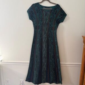 Peruvian Connection Teal Pima Cotton Metallic Knit Midi Dress Womens Small Navy